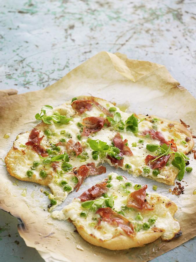 Pizza With Bacon And Peas Photograph by Amanda Stockley