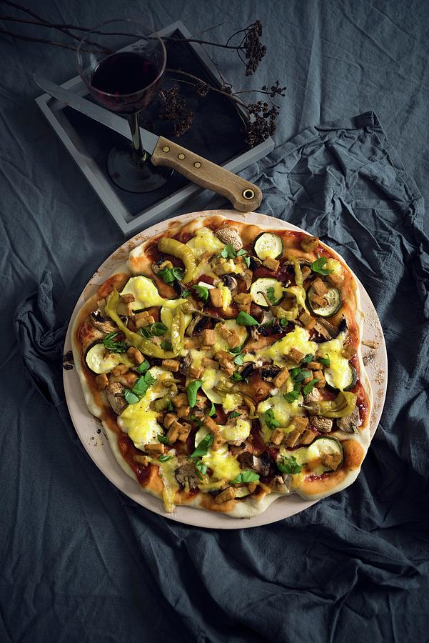 Pizza With Courgettes, Mushrooms, Tofu, Pepperoni, And Vegan Cheese Photograph by Kati Neudert