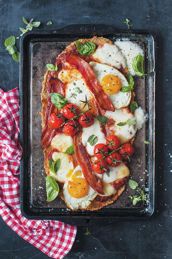 Pizza With Egg, Bacon, Cherry Tomatoes And Mozzarella Photograph by Great Stock!