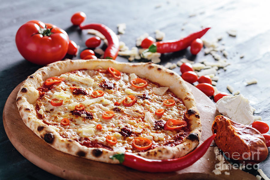 Tomato Photograph - Pizza with hot pepper, cheese and meat spread by Michal Bednarek