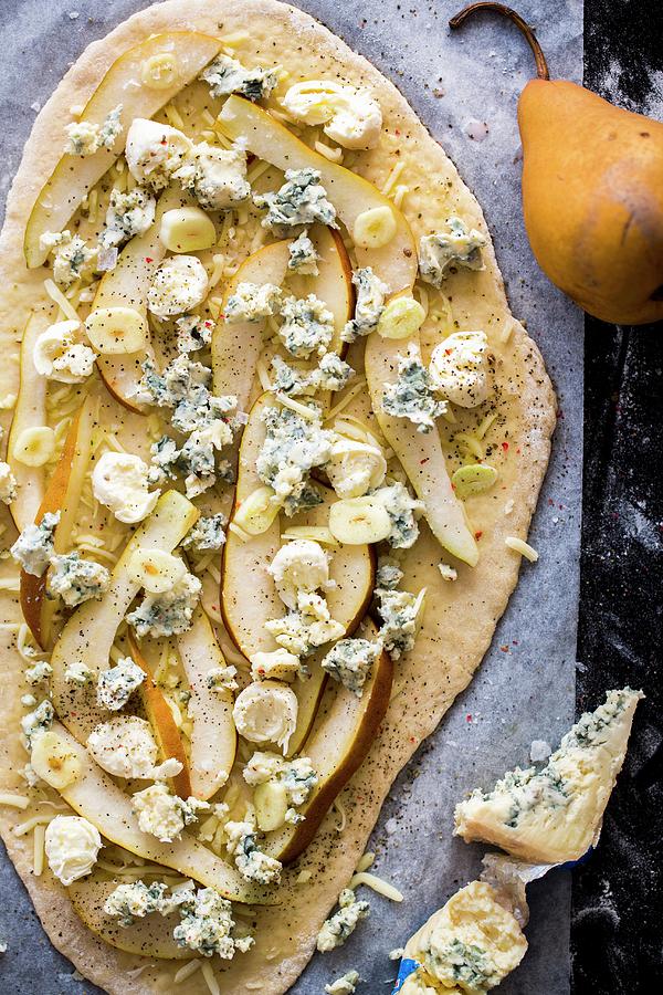 Pizza With Pears, Blue Cheese, Garlic And Cheese, Unbaked Photograph by Sandra Krimshandl-tauscher