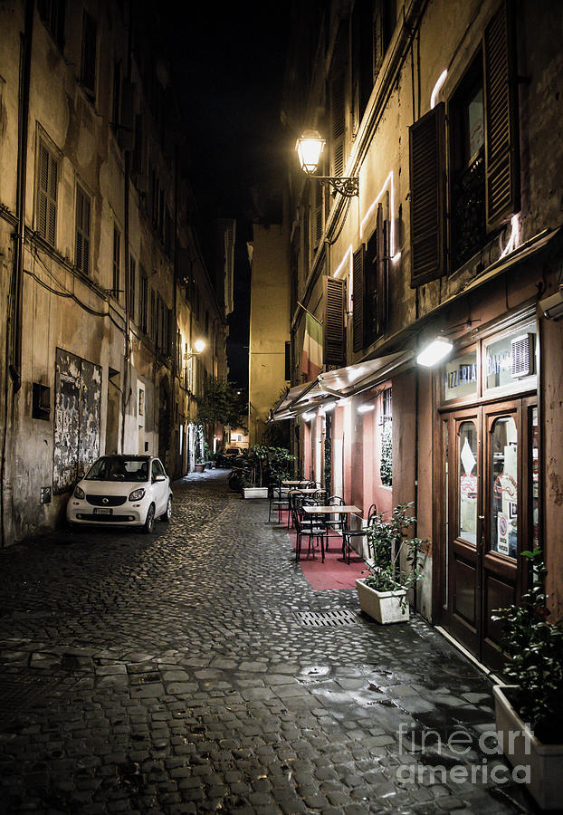 Pizzeria in Abandoned Street at Night in Rome in Italy Photograph by Andreas Berthold