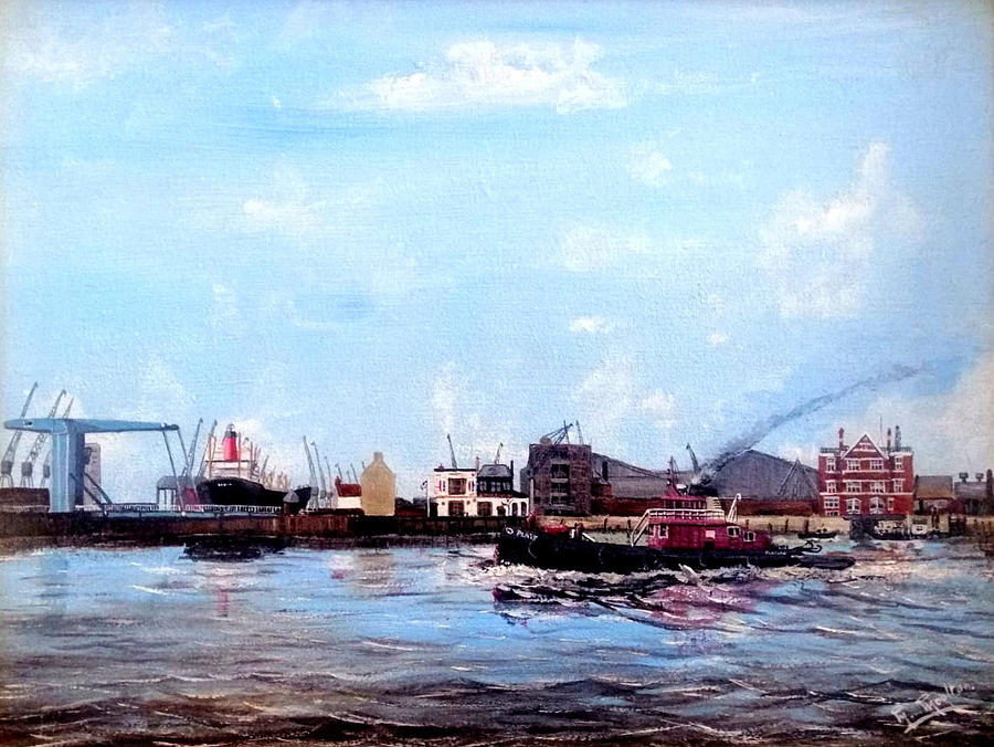 Pla Tug Placard Pa,ssing West India Dock Entrance, London 1980 Painting by Mackenzie Moulton