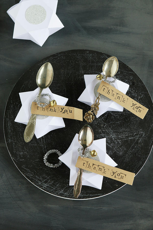 Place Cards Made From Diy Origami Stars And Antique Spoons With Stamped Mottoes On Labels Photograph by Regina Hippel