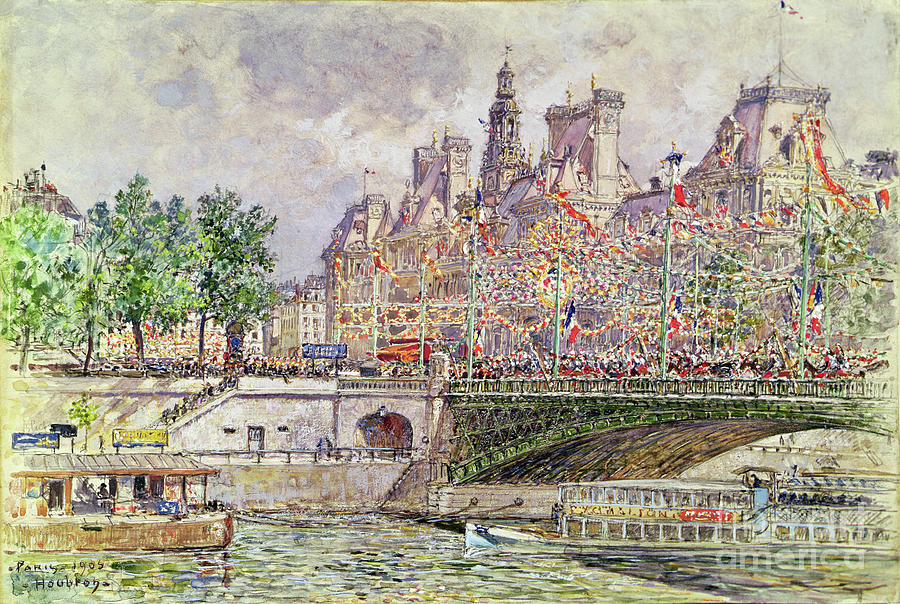 Place De Lhotel De Ville, Paris, 14th July 1905 Painting by Frederic Anatole Houbron