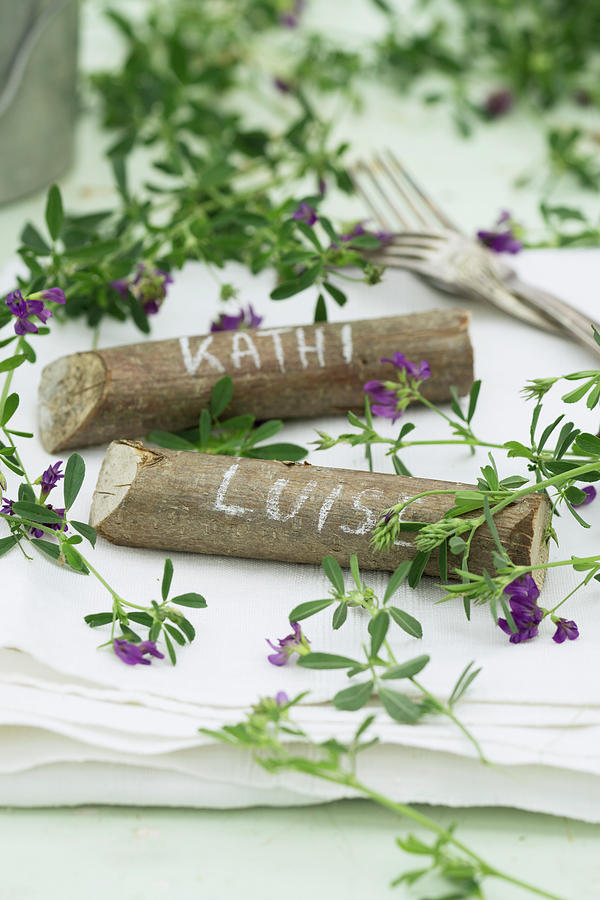 Place Markers Made From Pieces Of Hazel Wood Decorated With Purple-flowering Alfalfa medicago Sativa Photograph by Martina Schindler