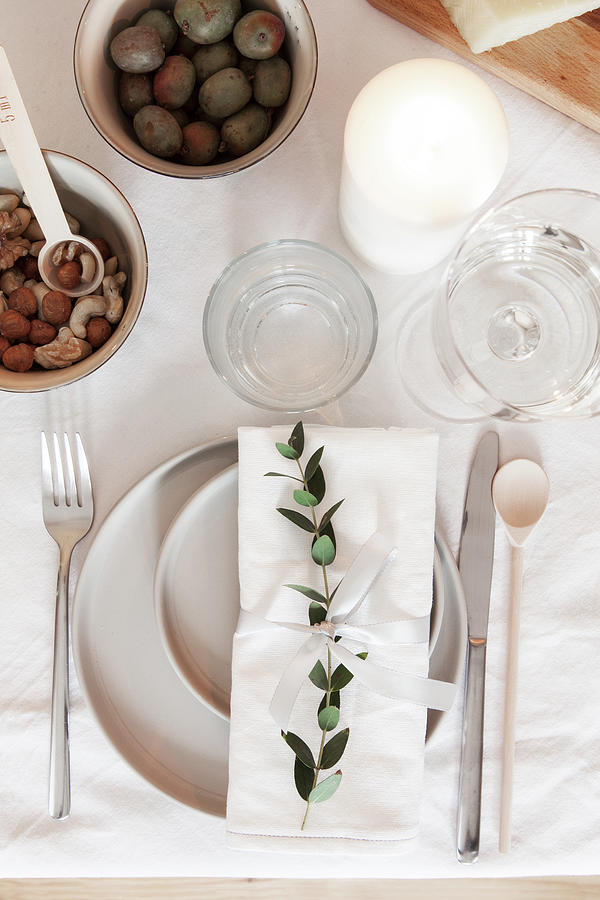 Place Setting Decorated With Twig On Table With White Tablecloth Photograph by Hej.hem Interior