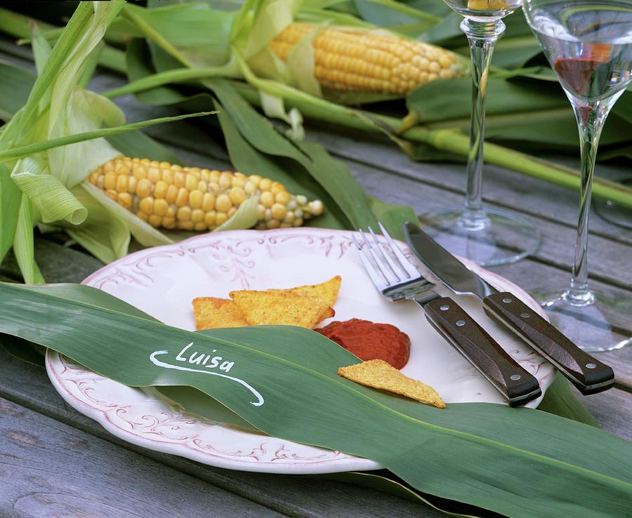 Place Setting: Maize Leaf As Place-card, Taco Chips & Chili Dip Photograph by Strauss, Friedrich