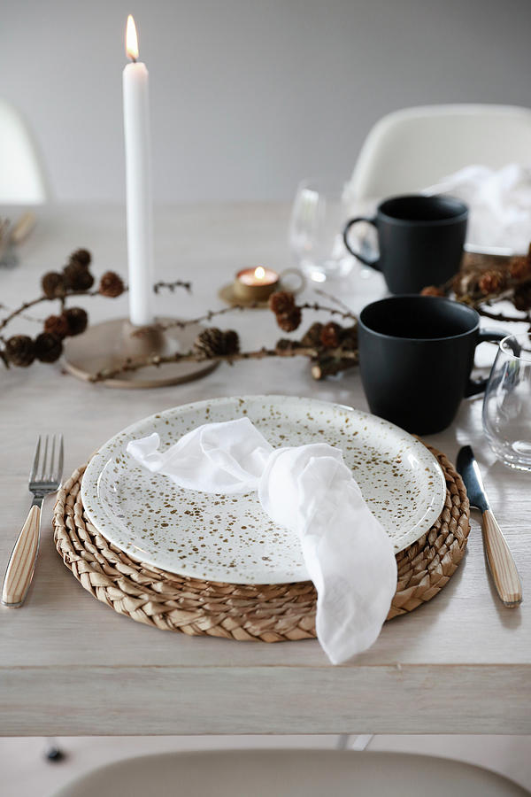 Place Setting With Christmas Decorations On Wooden Table Photograph by Annette Nordstrom