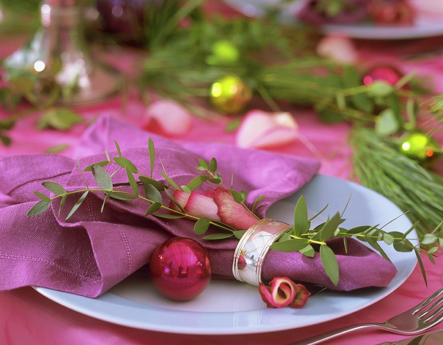 Place-setting With Eucalyptus, Rose Petals And Tree Baubles Photograph by Strauss, Friedrich