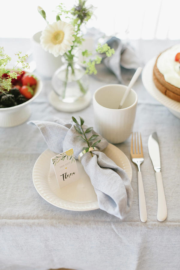 Place Setting With Linen Napkin And Name Card On Table Set For Afternoon Coffee Photograph by Katja Heil