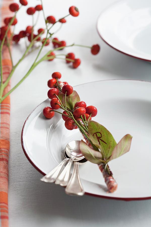 Place Setting With Name Tag Made From Rosehips And Leaves Photograph by Martina Schindler