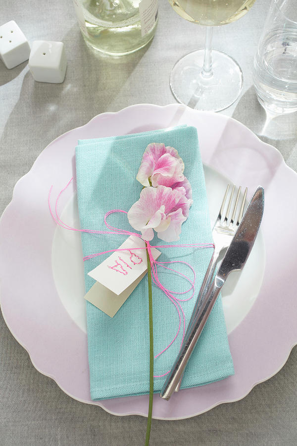 Place Setting With Pale Blue Linen Napkin, Flower And Name Card Photograph by Greenhaus Press