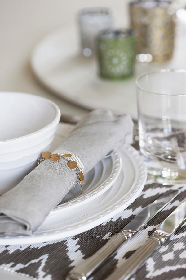 Place Setting With White China Plate And Linen Napkin Photograph by Annette Nordstrom