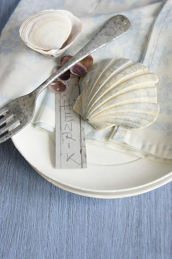 Place Settings With Silver Fork, Seashells And Name Tag Photograph by Martina Schindler