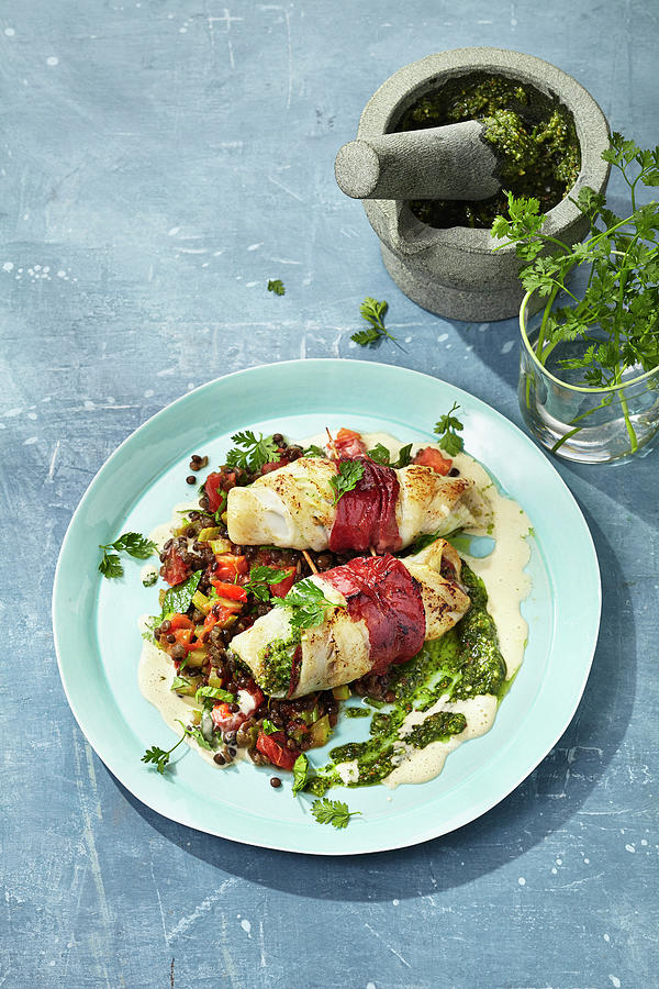 Plaice Rolls On A Bed Of Saffron And Shallot Lentils Photograph by Stockfood Studios /  Ulrike Holsten