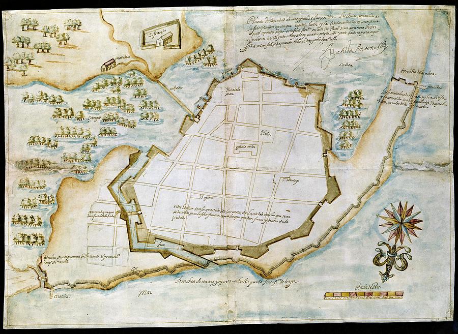 PLAN OF CARTAGENA DE INDIAS AND ITS FORTIFICATIONS 18/4/1584 - 420x590 mm. Painting by Bautista Antonelli -1547-1616-