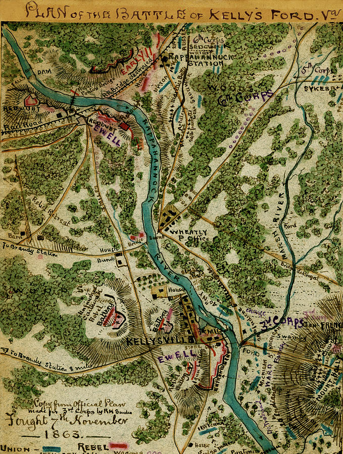 Plan of the Battle of Kelly's Ford, Va. Painting by Robert Knox Sneden ...