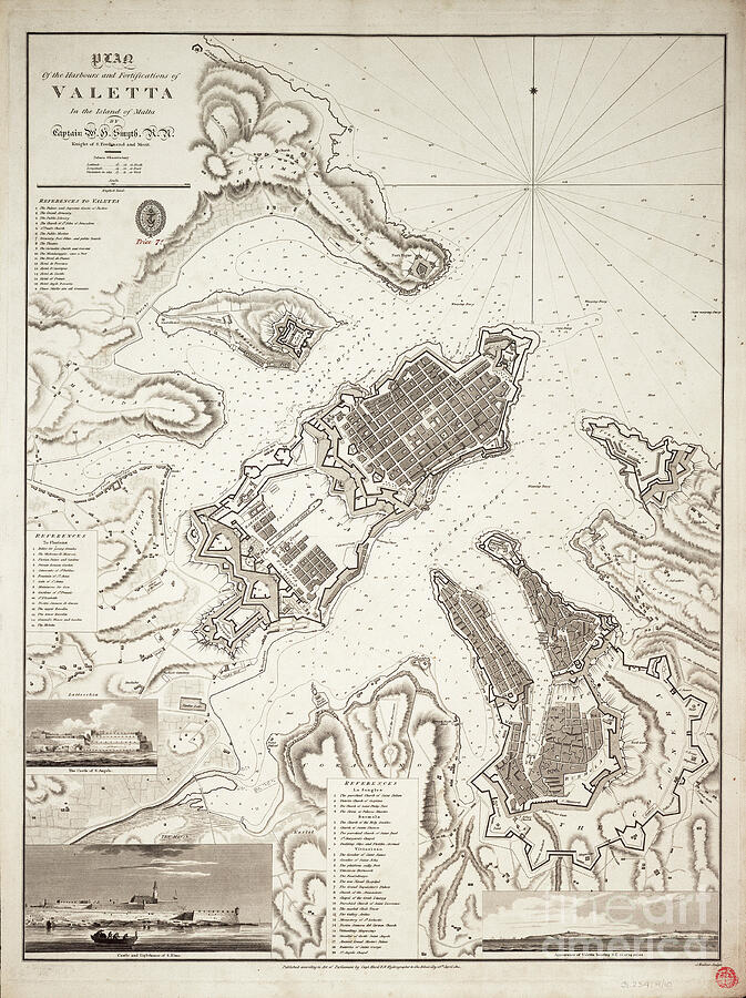 Map Drawing - Plan Of The Harbours And Fortifications Of Valetta In The Island Of Malta, Circa 1821 Engraving by William Henry Smyth