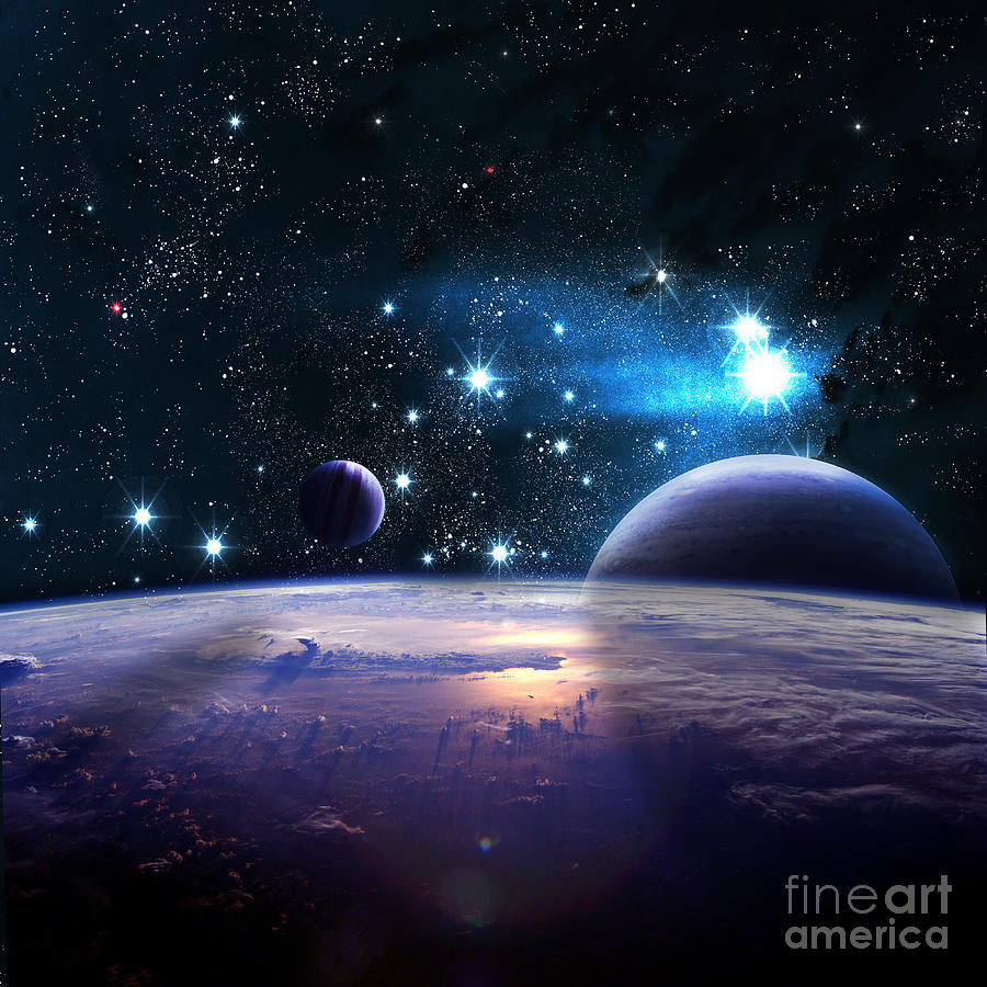 Harmony Photograph - Planets Over The Nebulae In Space by Vadim Sadovski