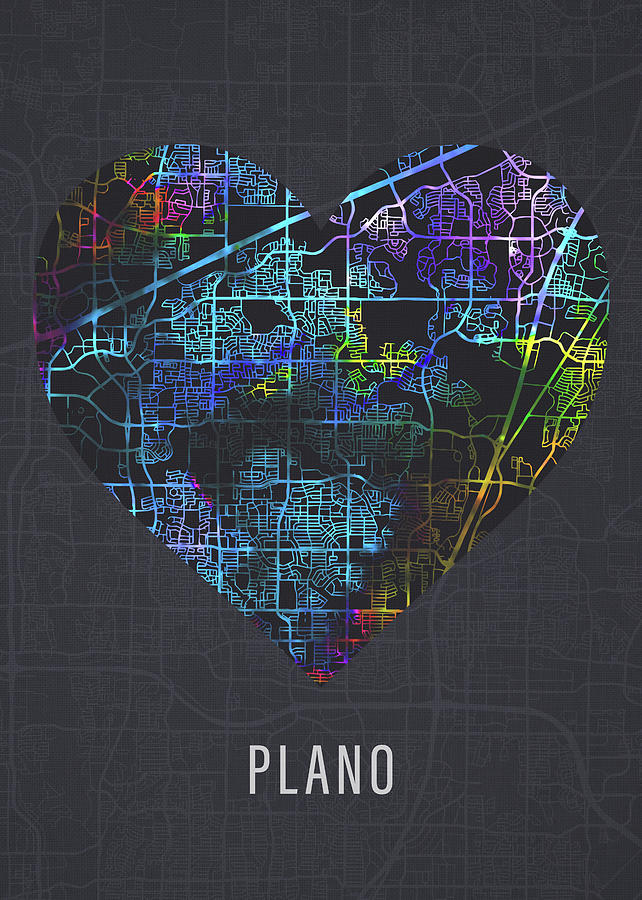 Plano Mixed Media - Plano Texas City Heart Street Map Love Dark Mode by Design Turnpike
