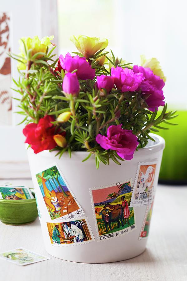 Plant Pot Decorated With Postage Stamps Photograph by Franziska Taube