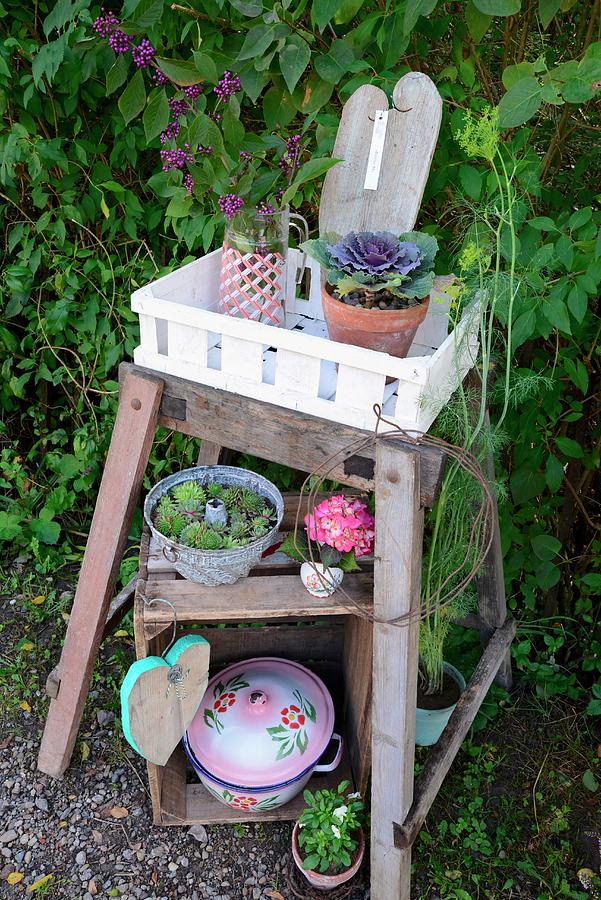 Plants In White Crate On Rustic Side Table Above Nostalgic Pots, Some Planted, On Old Wooden Crate In Garden Photograph by Revier 51
