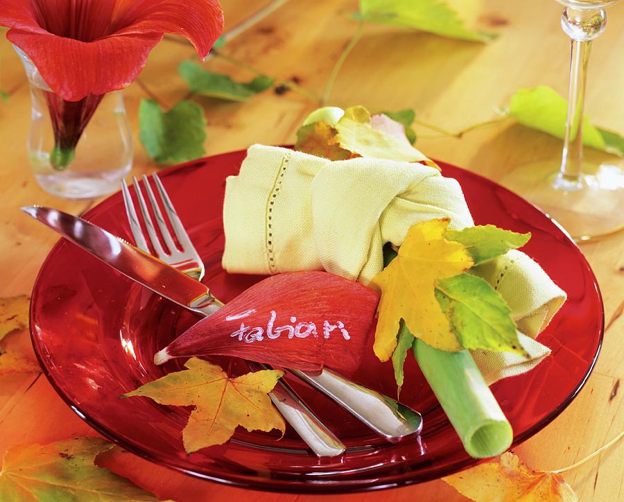 Plate Decoration: Autumn Leaves And Yellow Napkin Photograph by Strauss, Friedrich