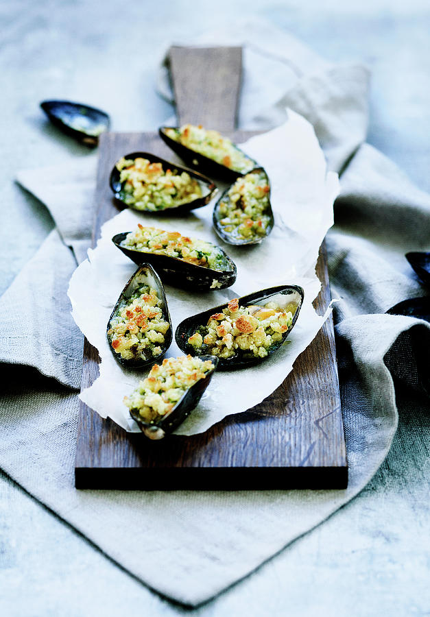 Plate Of Baked Mussels Photograph by Line Klein