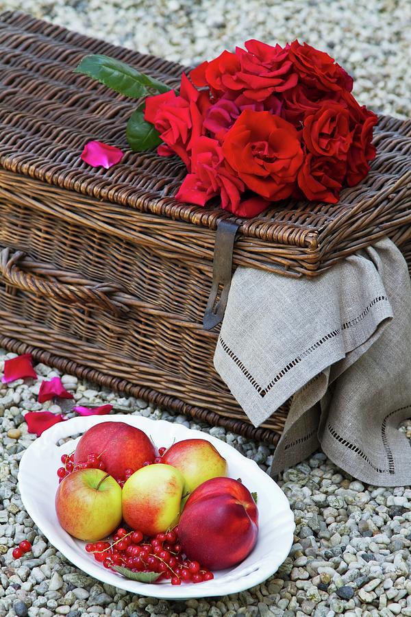 Plate Of Fruit Next To Red Roses On Picnic Basket Photograph by Catja Vedder