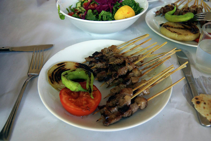 Plate of kebabs and salad for lunch Photograph by Steve Estvanik