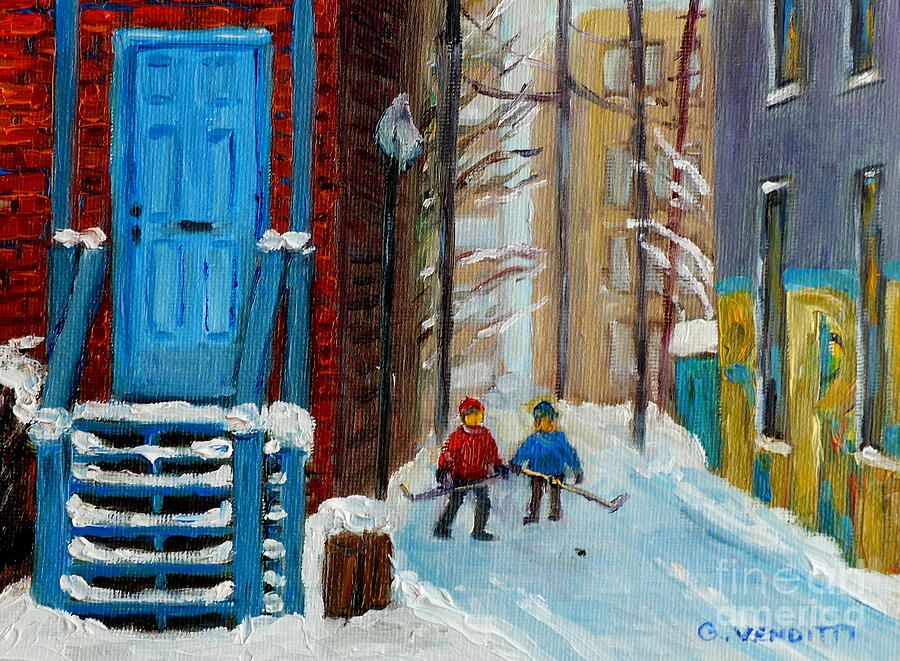 Plateau Mont Royal Laneway Hockey Practice Montreal Winter Scene Painting Near Blue House G Venditti Painting by Grace Venditti