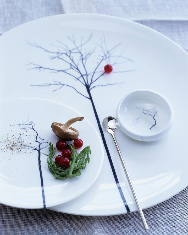 Plates And Small Bowl With Delicate Tree Motifs And Long Spoon Photograph by Matteo Manduzio