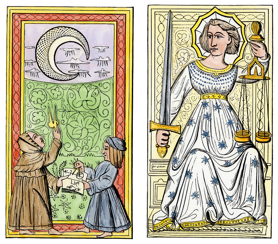 Play Card Of The Moon (left) And Justice (right) Card Game Of The Court Of Charles Vi (1368-1422), France, 15th Century Engraving On Wood Colour Drawing by American School