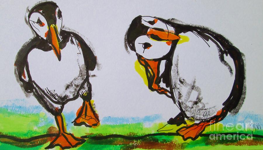 painting of Playful puffins ireland  Pastel by Mary Cahalan Lee - aka PIXI