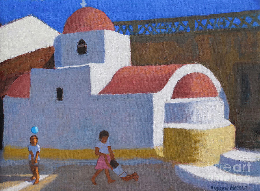 Playing by the Church, Karpathos, Greek Islands Painting by Andrew Macara