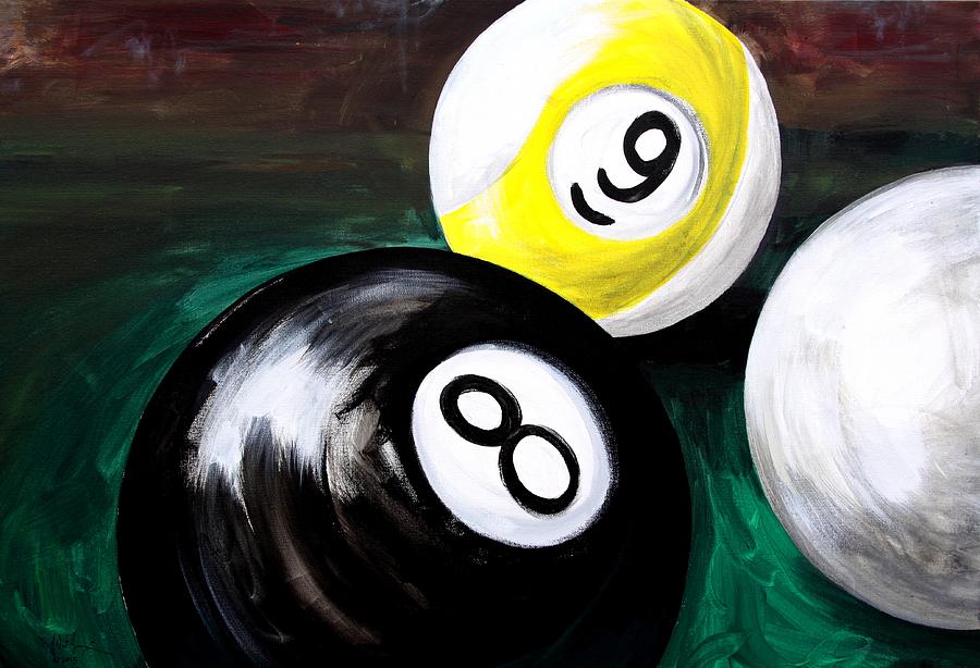 Playing Pool, Eight Ball, Nine, and Cue Painting by J Vincent Scarpace