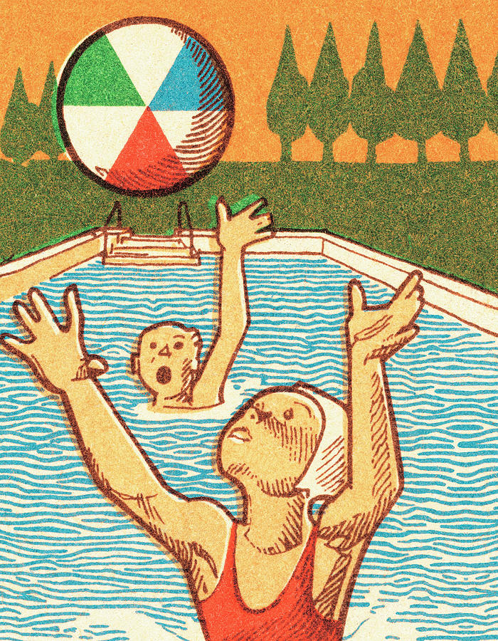 Vintage Drawing - Playing with ball in the pool by CSA Images