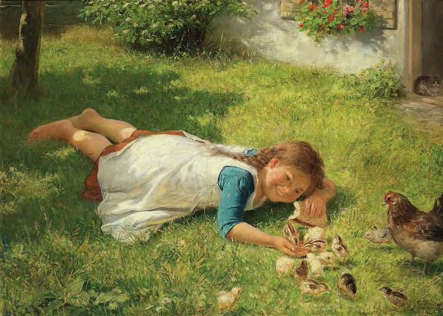 Summer Painting - Playing with Chickens by Carl von Bergen
