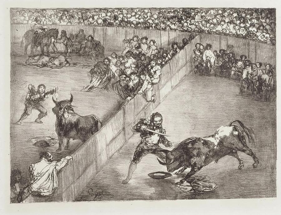 Bull Painting - Plaza partida. 1825. Crayon lithography, Scraper on wove paper. by Francisco de Goya -1746-1828-