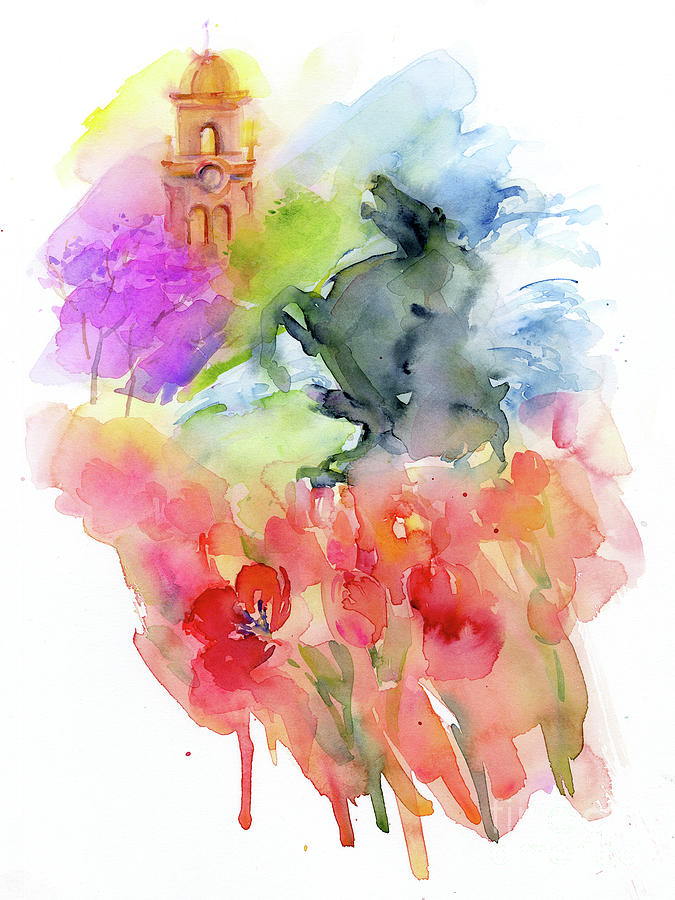 Plaza With Red Tulips, 2016 Watercolor Painting by John Keeling