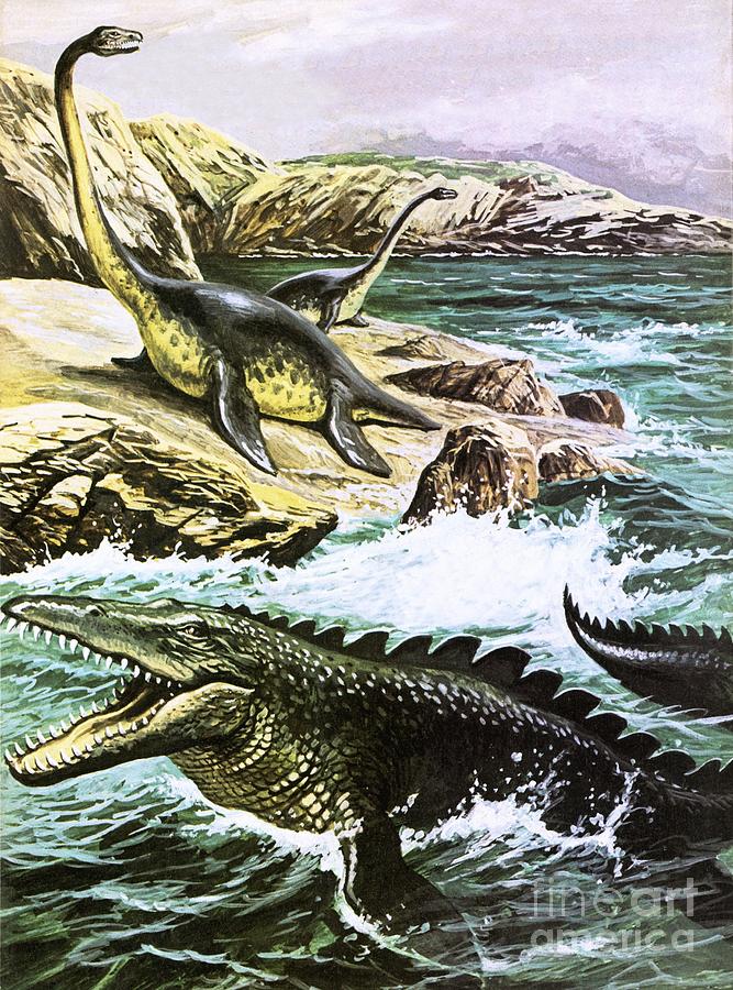 Prehistoric Painting - Plesiosaurus And Tylosaurus by Roger Payne
