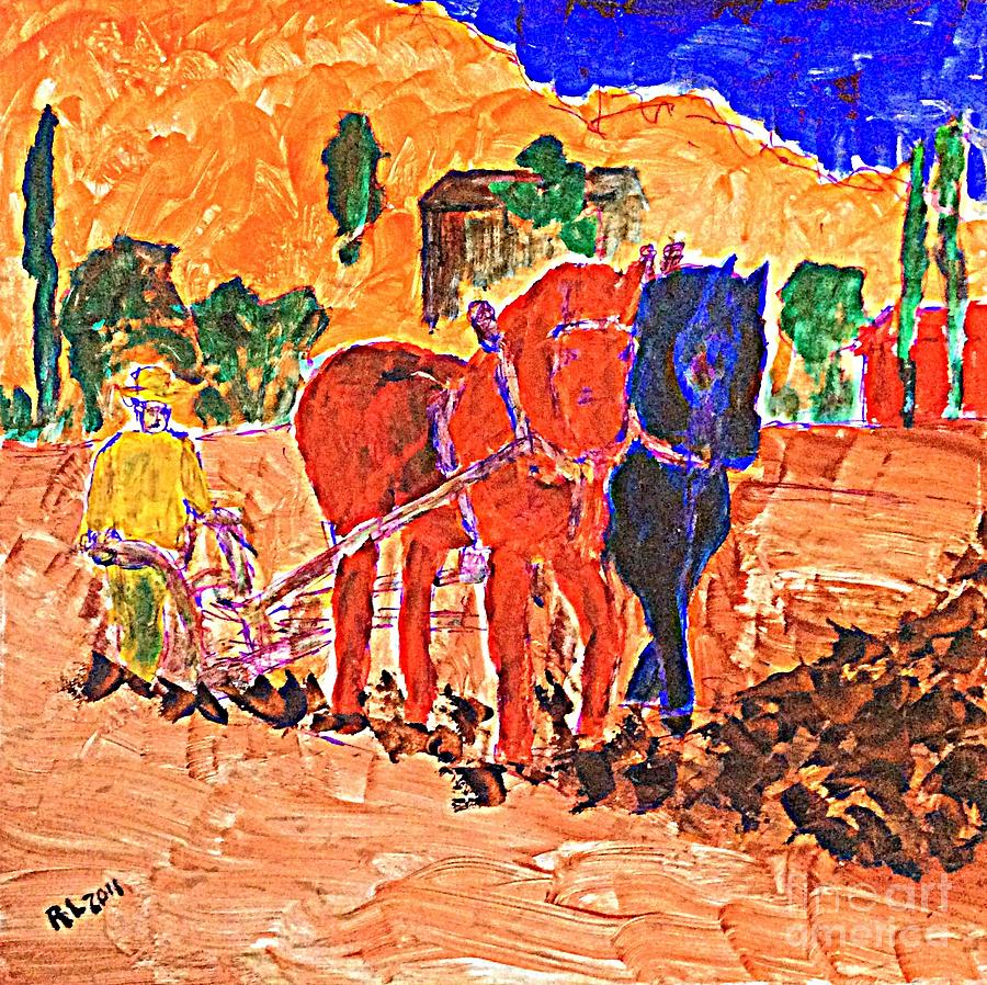 Plowing Behind Big Red And Big Blue Painting by Richard W Linford