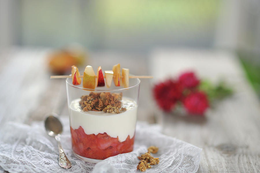 Plum And Pear Compote In A Glass With Coconut Yoghurt, Granola And A Fruit Skewer vegan Photograph by B.b.s Bakery