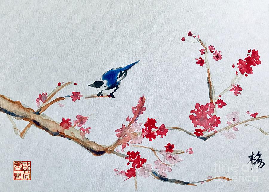 Plum Blossoms and Blue Bird  Painting by Lavender Liu