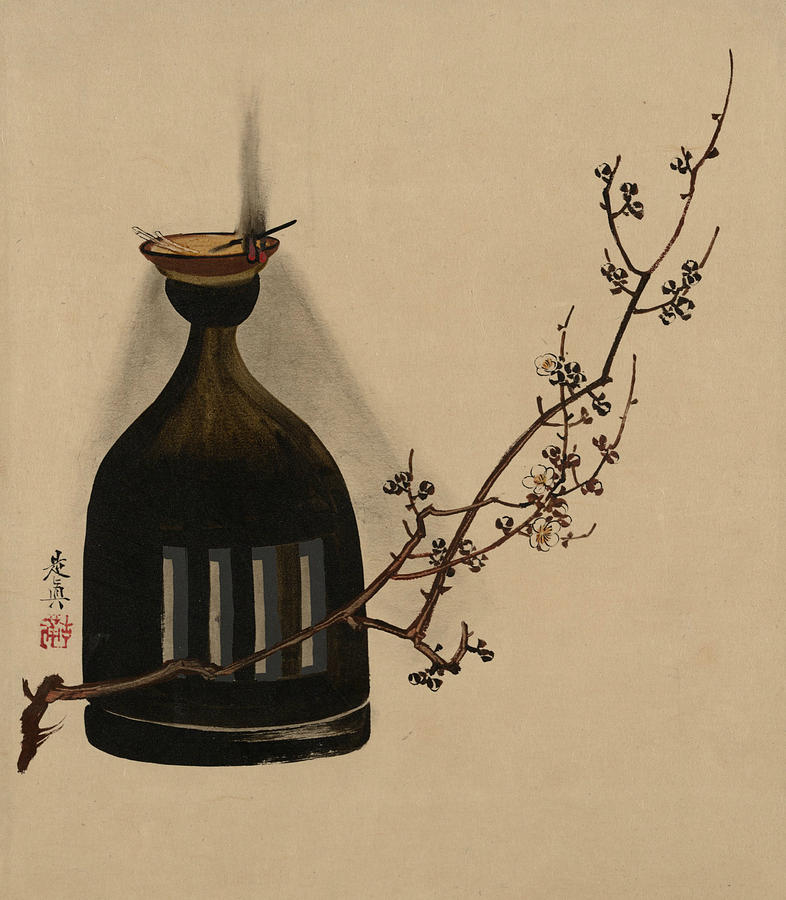 Plum Branch with Oil Lamp Painting by Shibata Zeshin
