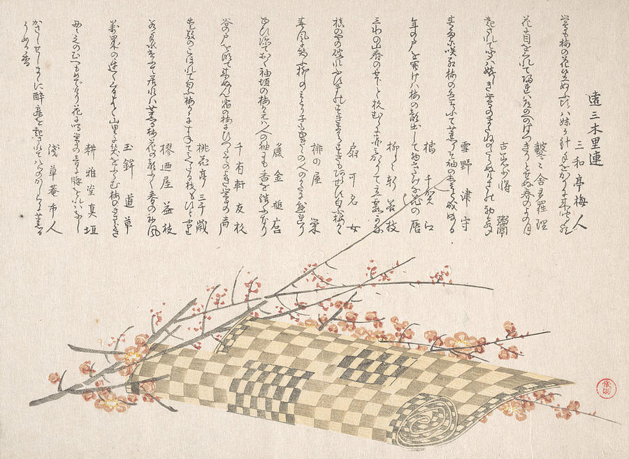 Plum Branches with Flowers and a Rolled Mat Relief by Kubo Shunman