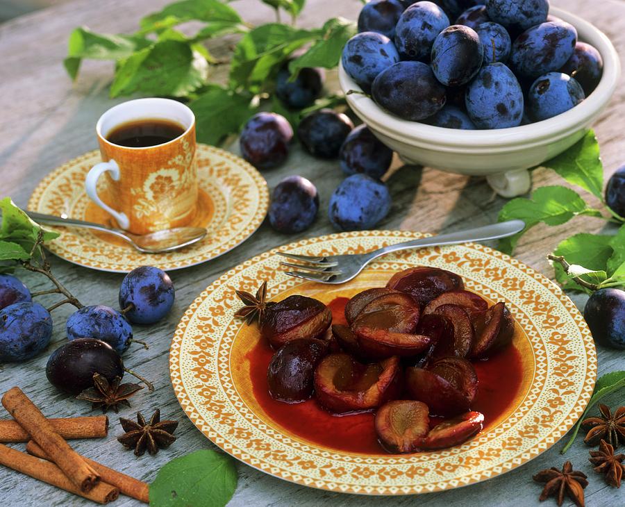Plum Compote, Fresh Plums And A Cup Of Coffee Photograph by Strauss, Friedrich