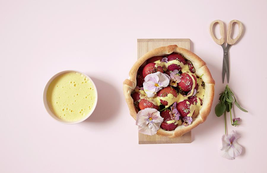 Plum Pies With Zabaione And Pansies Photograph by Aina C. Hole