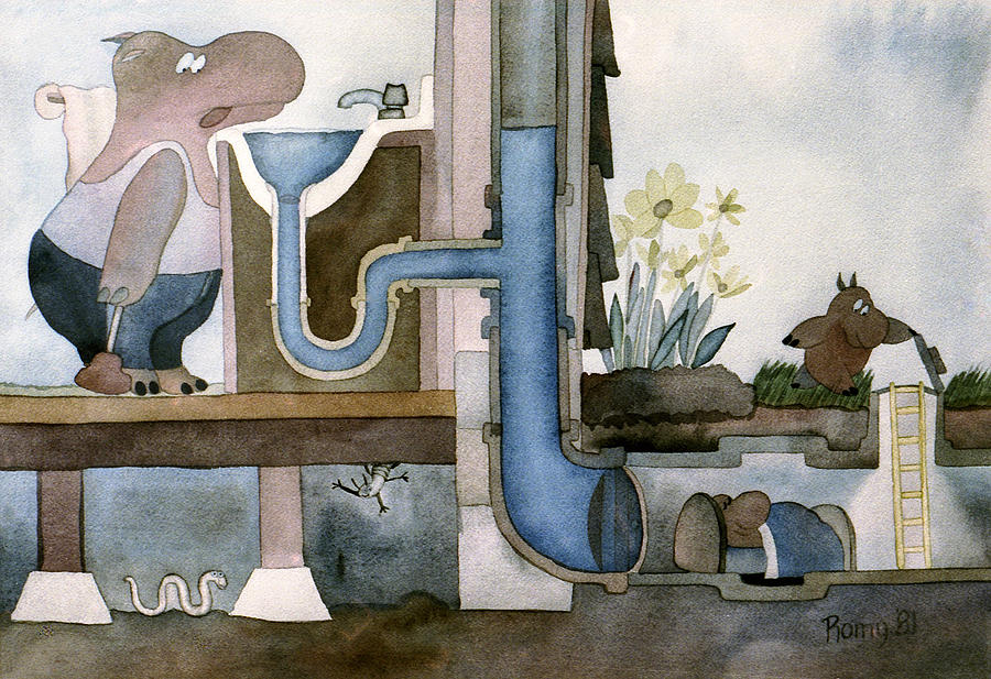 Animal Painting - Plumbing Hippos by Romy Muirhead